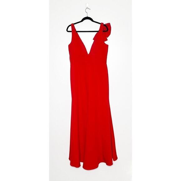 NWT Mac Duggal Bow Shoulder V-Neck Gown 49454 Women's Red 12 - Picture 4 of 8